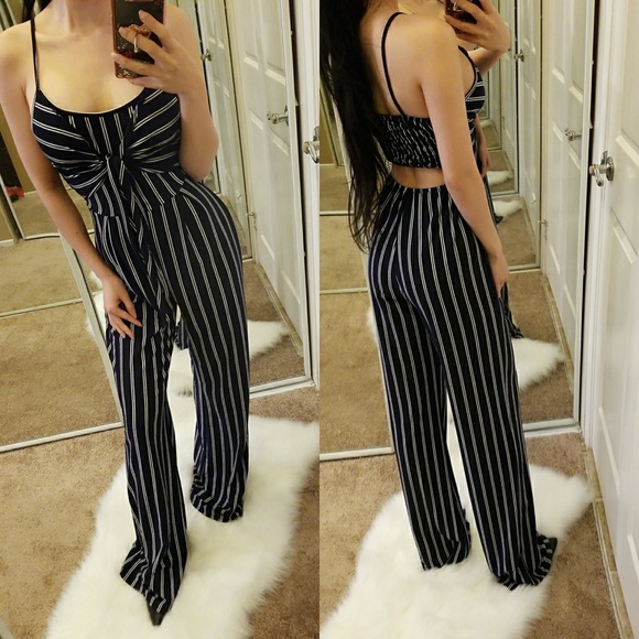 Front Tie Wide Leg Stripe Jumpsuit - Picture 3 of 8